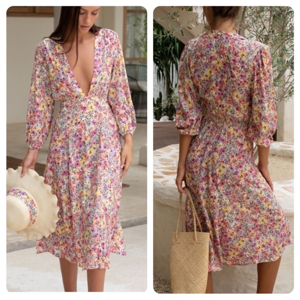 Hazel & Folk Vivianne Multicolor Floral Escape V-Neck Midi Dress XXS NWT